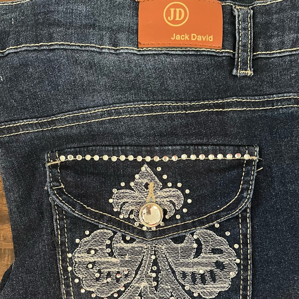 Jack David Dark Blue Embroidered Pocket Boot Cut Jeans